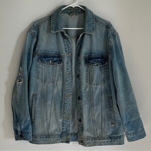 Free People Studded Light-Wash Denim Jacket Oversized